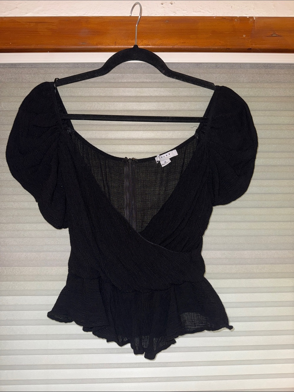 Black Puff Sleeve Wrap Peplum Blouse